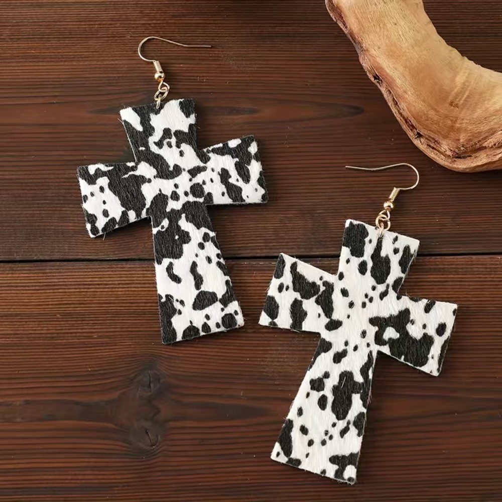 COW PRINT Cross Fuzzy Earrings!! NWT!